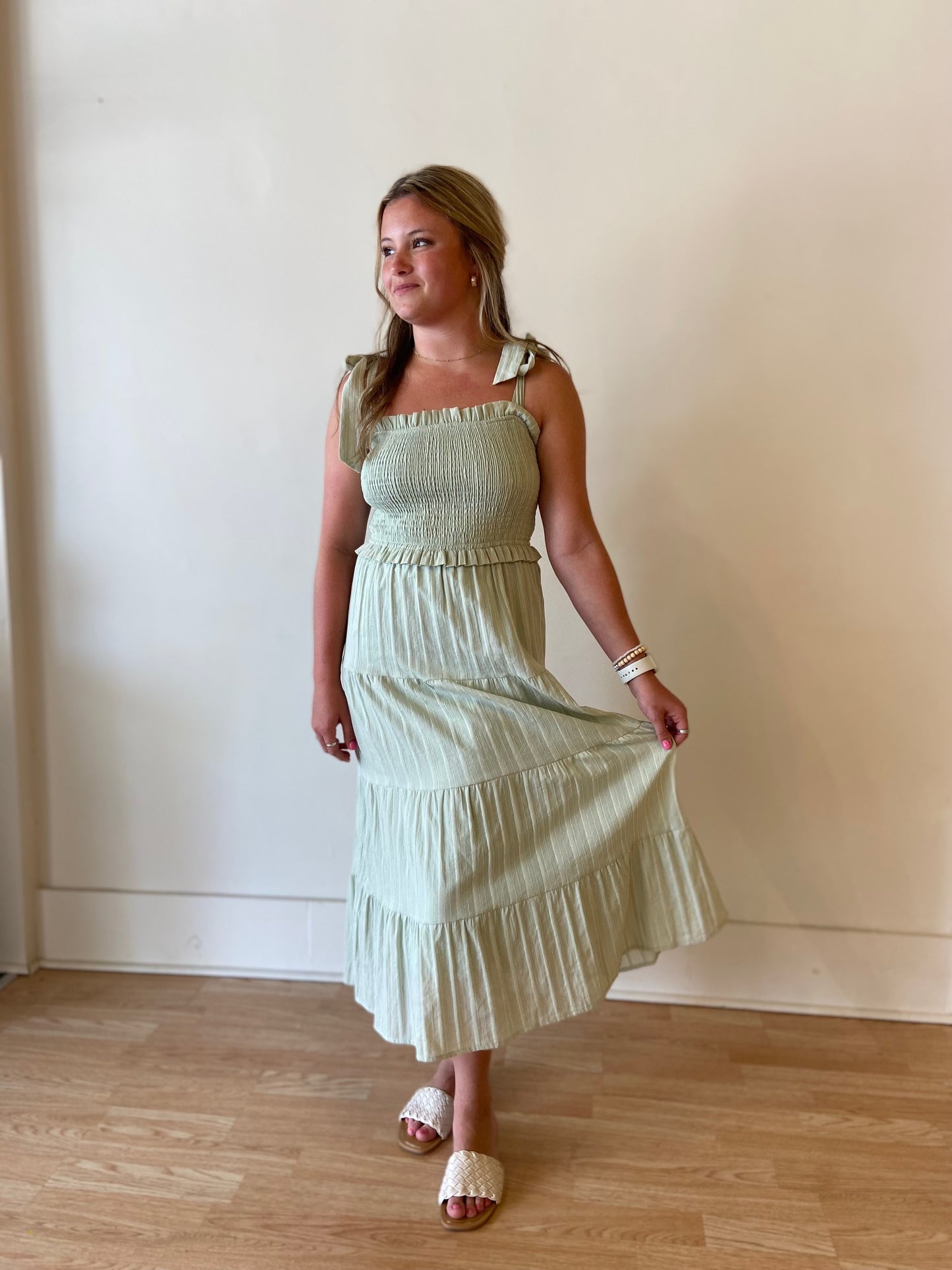 Ruffled Smocking Adjustable Strap Dress