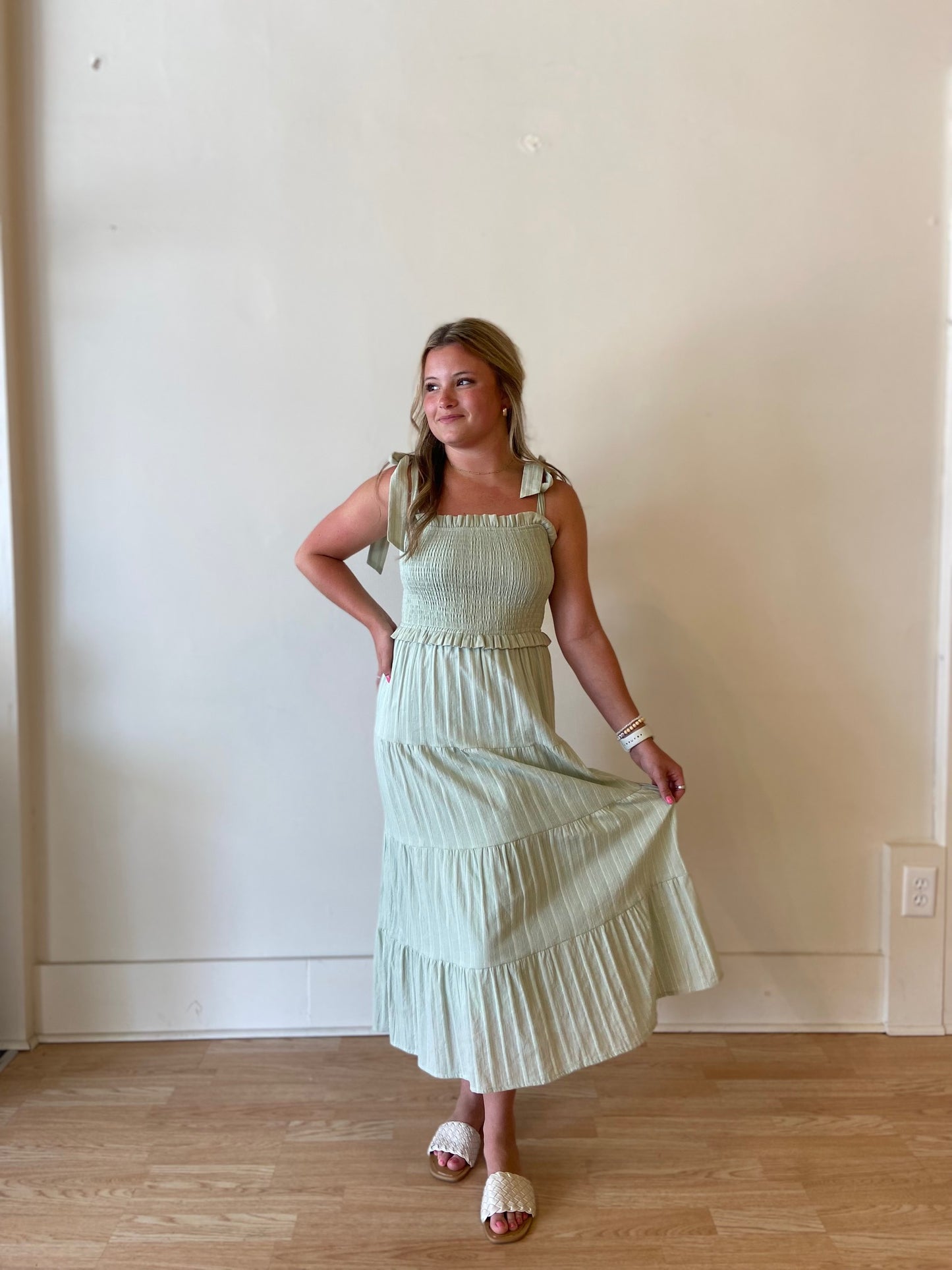 Ruffled Smocking Adjustable Strap Dress