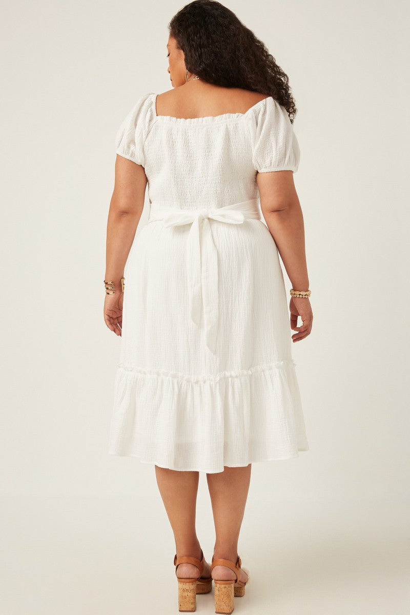 Textured Puff Sleeve Smocked Square Neck Dress